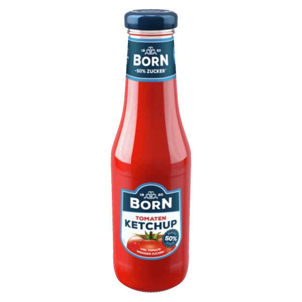 Dieses Bild zeigt eine rote Flasche mit weiß-blauem Etikett und blauem Deckel. Auf dem Etikett steht „Tomatenketchup“ und das Born-Logo ist abgebildet. Ebenso ist ein Stück einer Tomate zu sehen. Es enthält auch den Hinweis „50% weniger Zucker“.