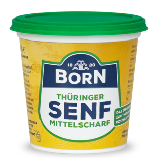 Das Bild zeigt das Produkt Born mittelscharfer Senf im 200ml Becher. Der Becher ist Senffarben und hat ein blau-weißes Etikett mit dem Born-Logo und der Aufschrift mittelscharfer Senf. Der Deckel ist grün.