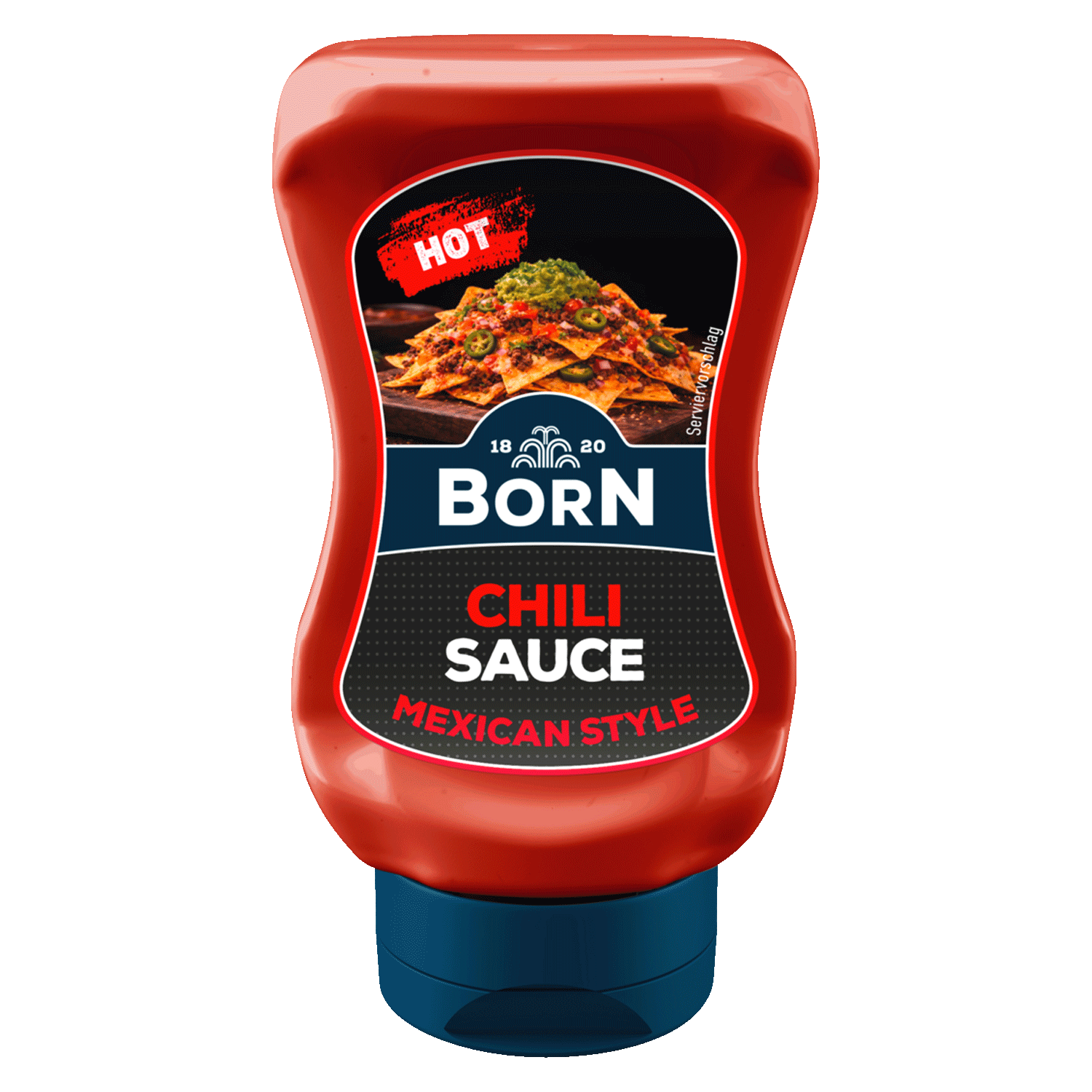 Das Bild zeigt das Produkt Born Hot Chili Sauce Mexican Style in der 250ml Flasche. Die Flasche ist rot mit schwarzem Etikett auf dem Tortillas, das Born-Logo und die Aufschrift Hot Chili Sauce Mexican Style abgebildet sind.