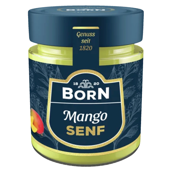 Das Bild zeigt das Produkt Born Mango Senf im 125ml Glas. Blaues Etikett und Deckel mit goldener Schrift und Born Logo.